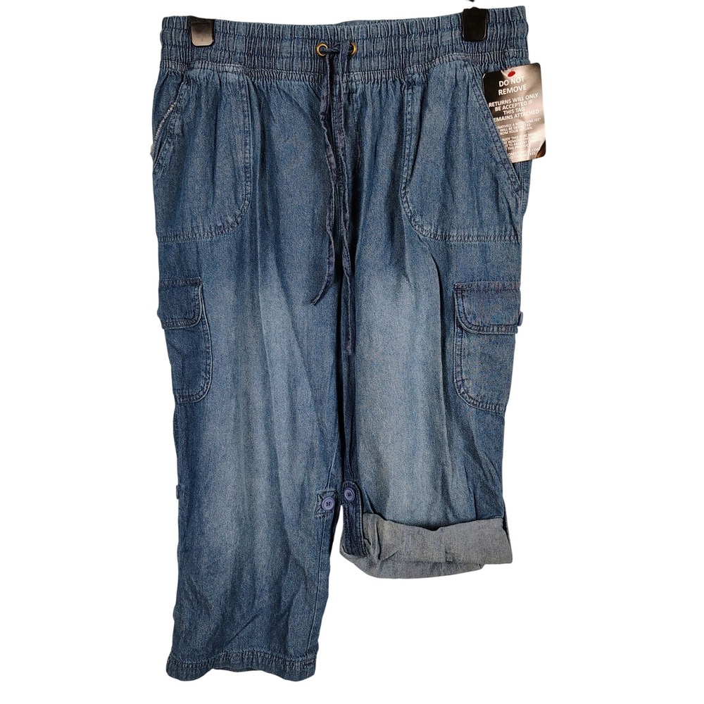 NWT Woman Within Womens 12W Petite Cargo Capri Blue Cotton Utility Gorpcore